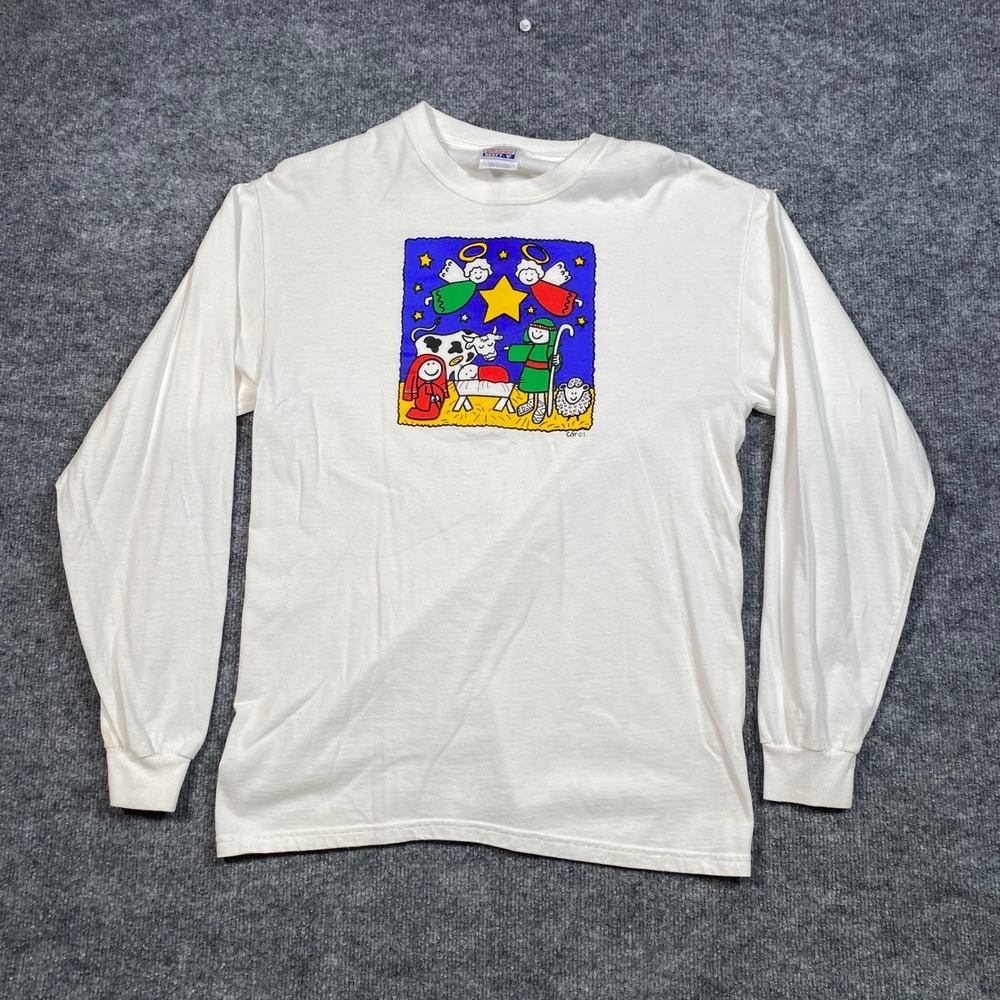 Christmas Mens White Long Sleeve Nativity Scene Graphic T-Shirt Size M